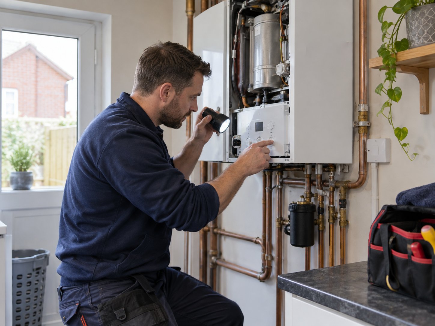 Heating engineer inspecting boiler controls and pipework